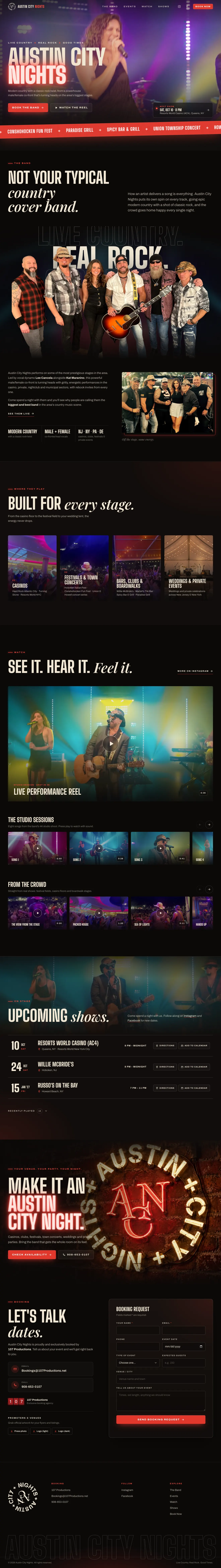 The Austin City Nights website, scrolling from its header through its first sections.